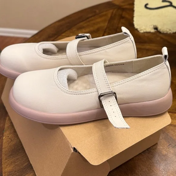 NWT QJN Mary Jane Shoes Women Flat Comfortable leather Casual Ladies beige 8 - Picture 3 of 12